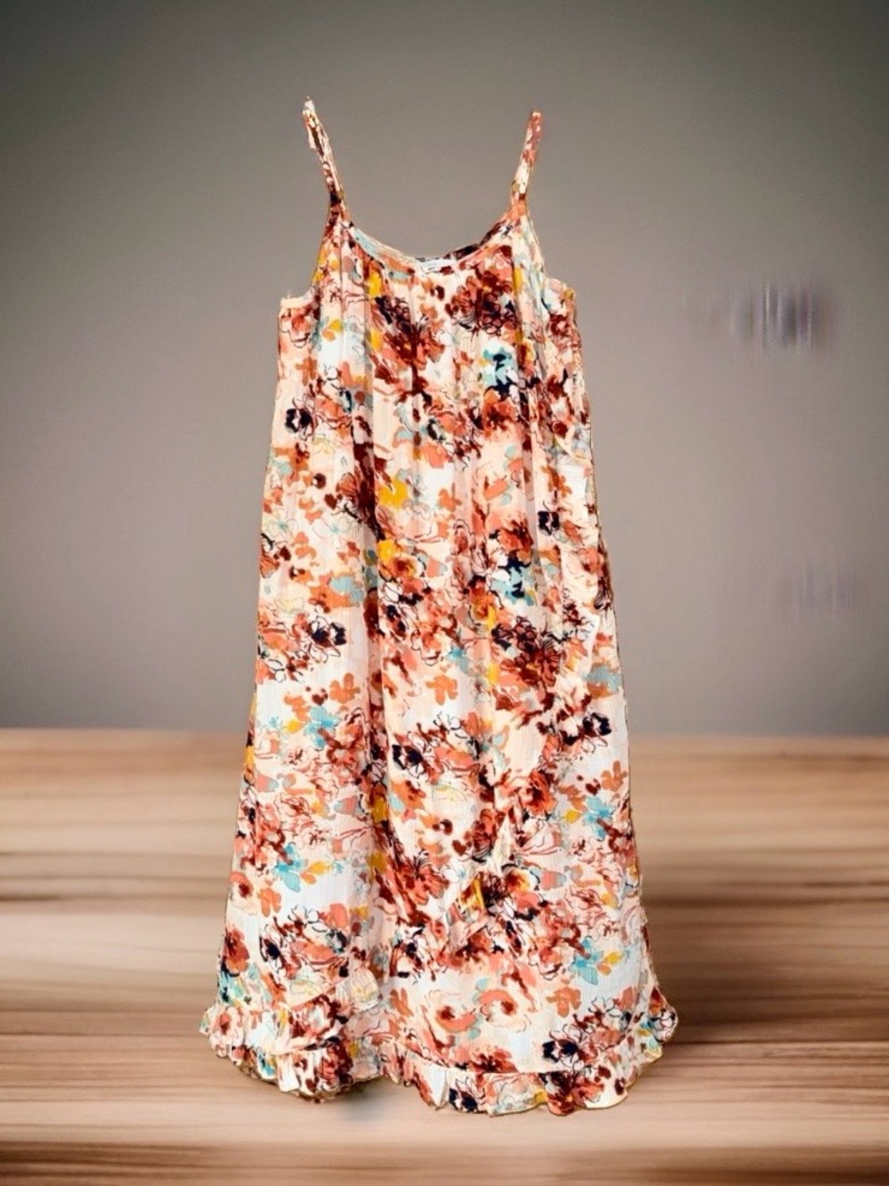 new directions Peach-Tone Floral Midi Slip Dress with Teal Accents